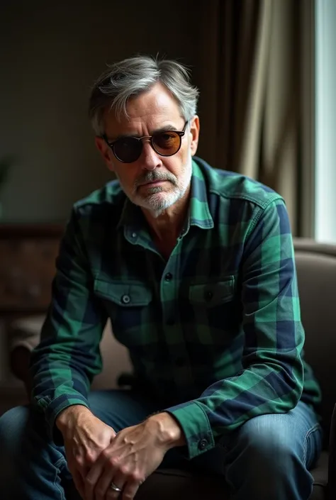 Picture of a man in a green and black plaid shirt, wearing black-brown sunglasses, hands on both legs, sitting on a chair, hair parted in the middle, side-swept.