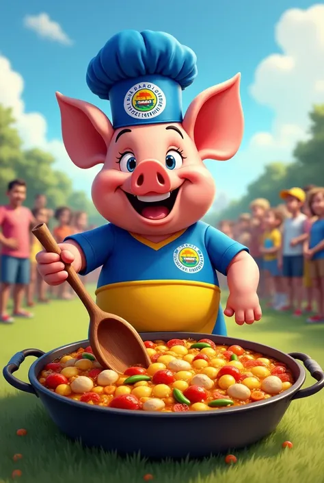  I want to generate the image of a pig cooking a LARGE paella. WITH THE SPOON IN HAND, WITH THE CHEF&#39;S HAT AND BEING HAPPY. With the clothing of a Paraguayan football club, Sportivo Luqueño. THE COLORS ARE BLUE AND YELLOW, OUTDOORS IN A FIELD WITH PEOP...