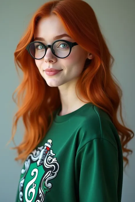 Ginger girl with black eyes and glasses wearing a harry potter Slytherin shirt 