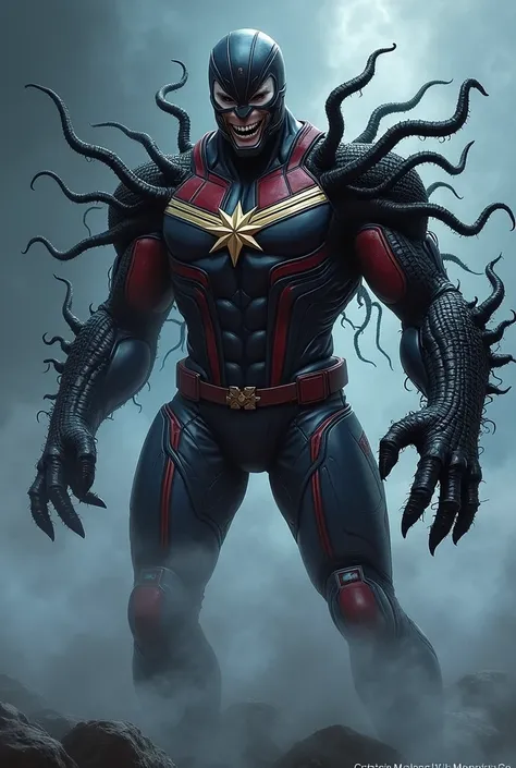 「Bộ giáp của Captain Marvel đứng trong bóng tối、Completely infected by symbiote venom、It has changed into a horrible shape。The entire armor is、Covered in jet black symbionts,Loss of metallic shine。On the surface of the armor,symbiote squirming like liquid....