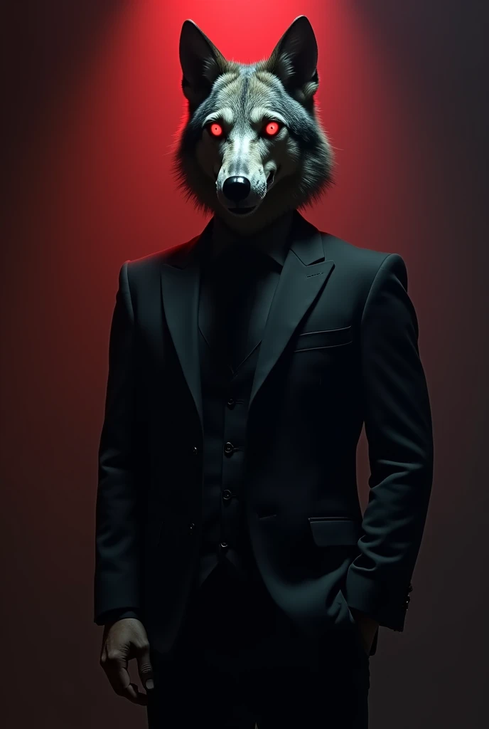 A man in a black suit with a wolf skull instead of a head, in a dark environment and a dim red spotlight in the background.