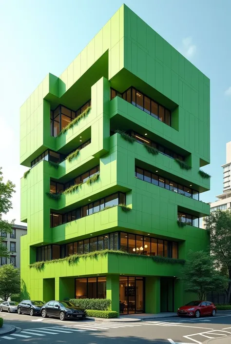 L shaped 3-story commercial green building with basement parking