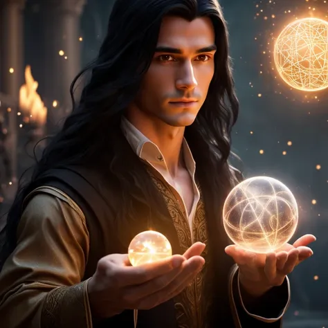 a young handsome androgynous wizard with long black hair, no beard, perfect hands, perfect gaze, holding a magic sphere, surroun...