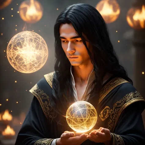 a young handsome androgynous wizard with long black hair, no beard, perfect hands, perfect gaze, holding a magic sphere, surroun...