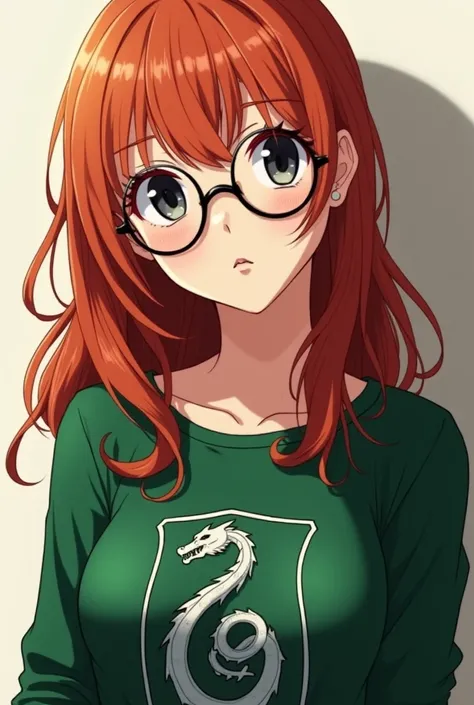 Anime Ginger girl with black eyes and glasses wearing a harry potter Slytherin shirt 