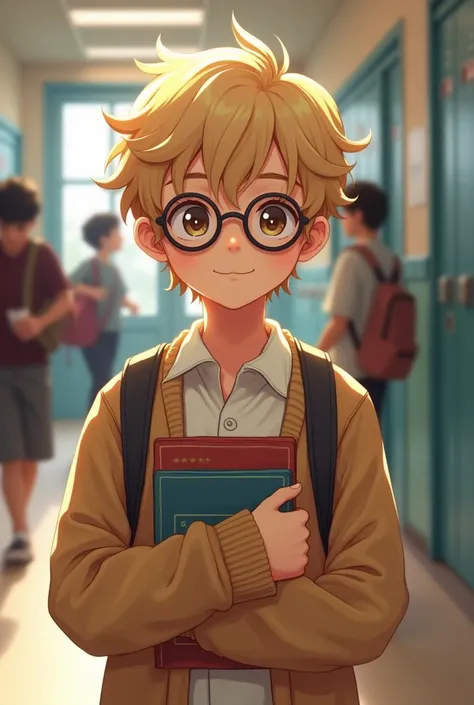 Korean bts boy with wavy blonde hair and round glasses wearing a cardigan and holding science books in his hands in the school hallway