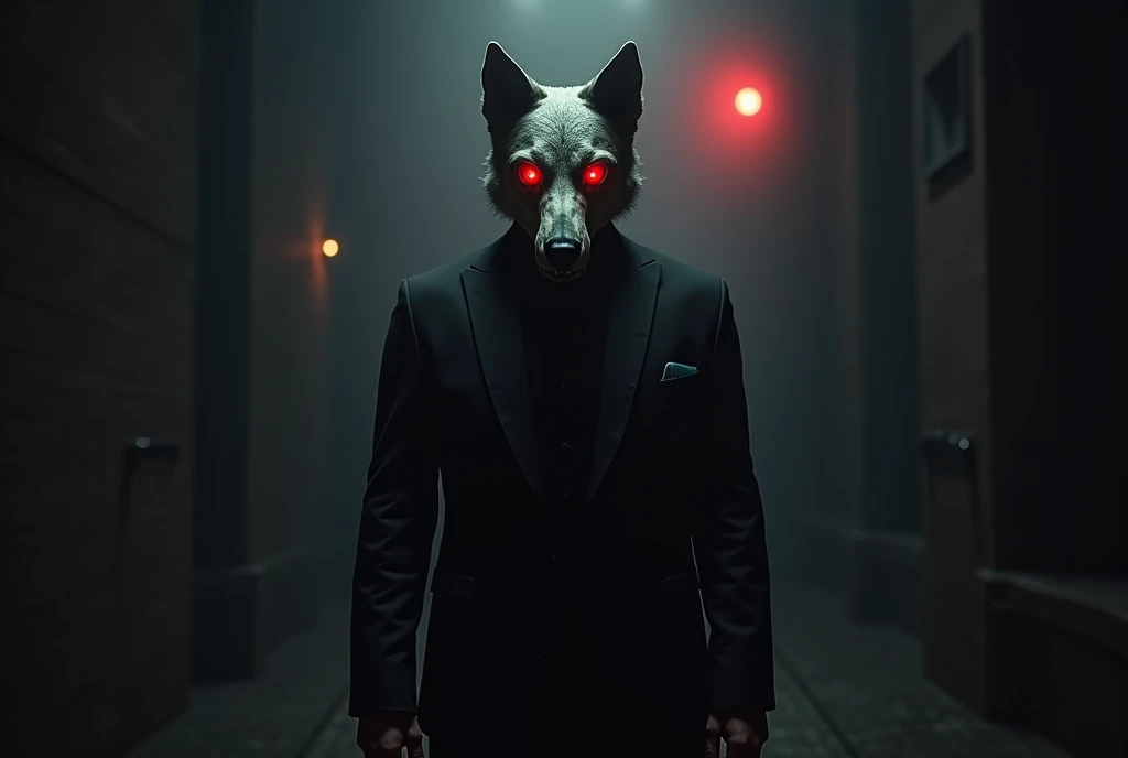 A man in a black suit with a wolf skull instead of a head, in a dark environment and a dim red spotlight in the background.