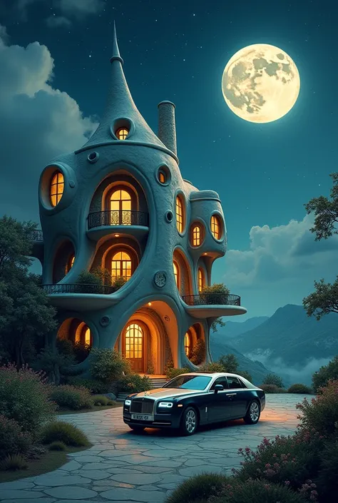 Creat a creative house with rolls royals car at night 
