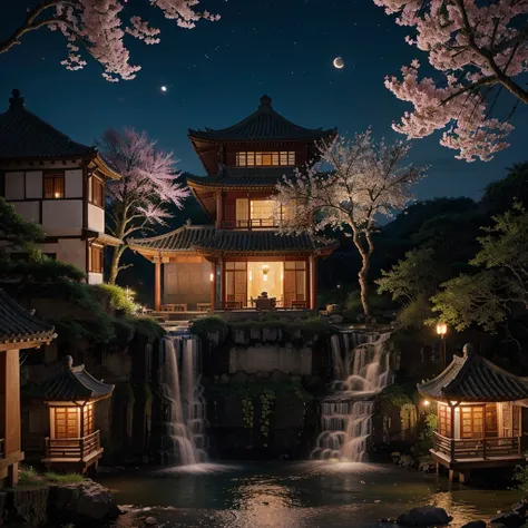 Ancient China ，landscape，Ancient buildings，There is a waterfall outside the window，Pink peach blossom tree，night，Star，moon