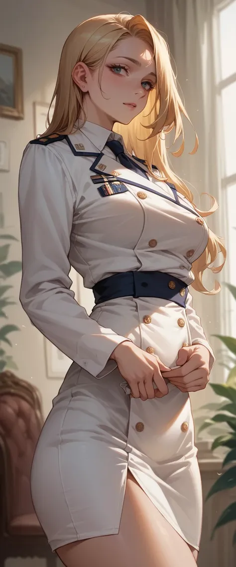 A sexy blonde girl with a voluptuous body wearing a new short naval dress uniform, It&#39;s too sexy and sensual, It has white lingerie with gold, It is for the exclusive use of your wife, a dress with a half-nipple neckline, low-cut back and only covers h...