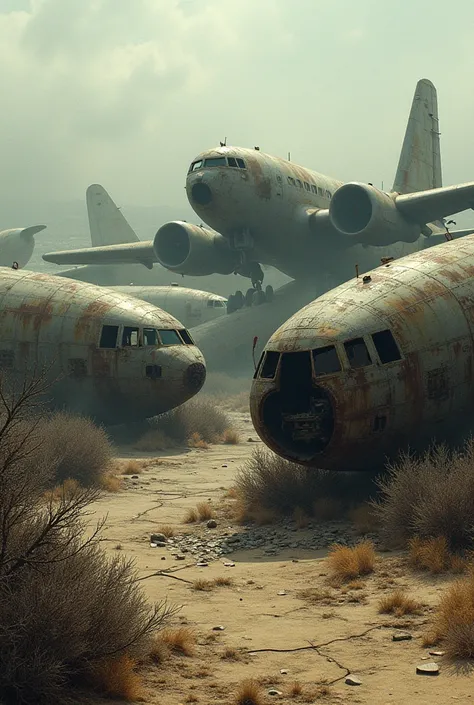 Cemetery of old destroyed planes with dry bushes around.