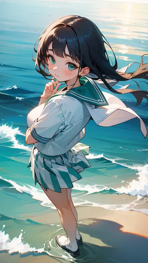 High resolution, One girl、Sailor style shirt、White with stripes、green、Skirt、Top view、Cute pose、Ocean