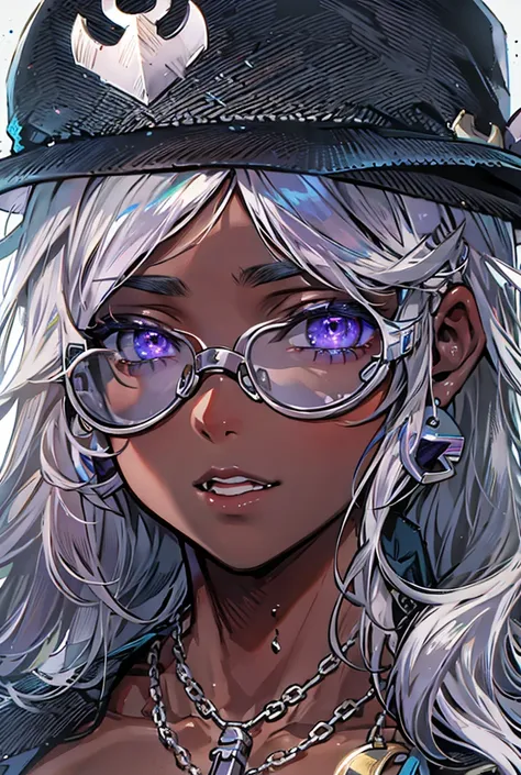 Dark Skin,Muscular Abs,Sensual beauties,Silver Hair, Hair that hides one eye, Shiny Hair, Textured skin, Wearing a purple hat and goggles, anchor necklace, Anime Style, Transparent sexy lips