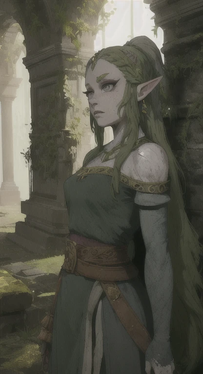 Overgrown Hyrule life, ruins, petrified princess Zelda, stone statue, cracked skin, grey skin, grey hair, grey eyes, grey clothes, covered in moss,