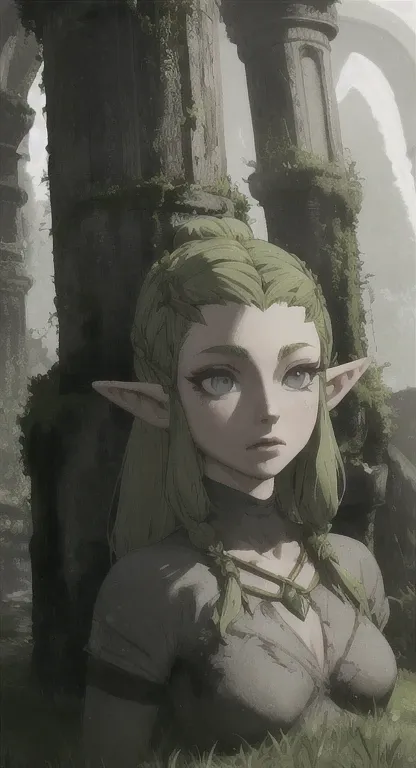 Overgrown Hyrule life, ruins, petrified princess Zelda, stone statue, cracked skin, grey skin, grey hair, grey eyes, grey clothes, covered in moss,