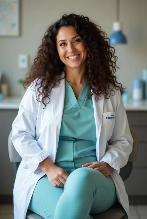 A brunette  dentist girl with curly hair and big breasts sits with her legs stretched out, taking a realistic photo