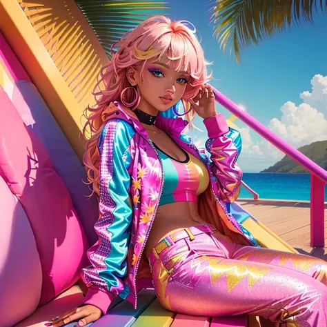 Colourful and bright clothes shine under the bright sun. Dressed in pink, a rainbow-print jacket and matching high-waisted pants, decorated with shiny, holographic effect. Her hair is voluminous., with a disheveled, blonde hair. She completes her look with...