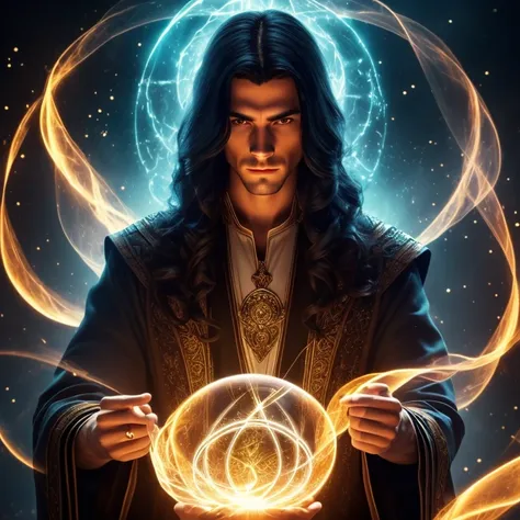 a young handsome androgynous wizard with long black hair, no beard, two perfect hands, perfect gaze, holding a magic sphere, sur...