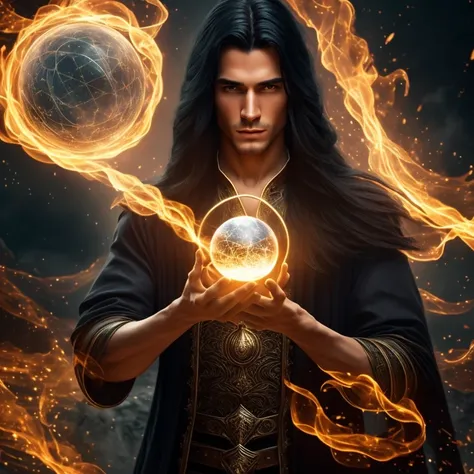 a young handsome androgynous wizard with long black hair, no beard, two perfect hands, perfect gaze, holding a magic sphere, surrounded by magical elements, (best quality,4k,8k,highres,masterpiece:1.2),ultra-detailed,(realistic,photorealistic,photo-realist...