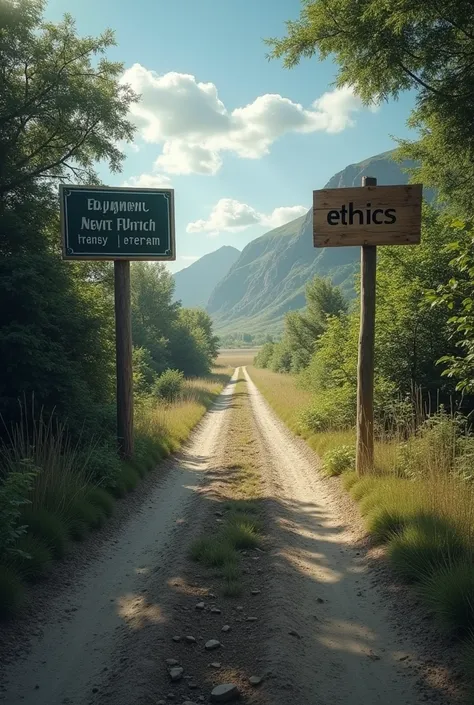 A fork dividing the image in two. to the left, there is a road with smooth asphalt and white and yellow stripes. At first, a large plaque with the title "Short Cuts" indicating the ease of the path, but the horizon is bleak, with a cursed sky. On the right...