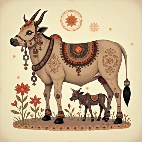 Pichwai painting-style depiction of a cow and its calf, featuring intricate, symmetrical designs and soft, earthy tones. The cow, adorned with delicate ornaments, stands gracefully while the calf nestles beside her, with detailed floral patterns and tradit...