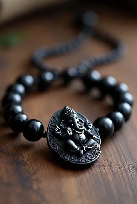 "A black Obsidian bracelet and pendant set designed for a mature audience aged 40-50 in Thailand. The bracelet features smooth Obsidian beads with a central charm of Ganesha, the Hindu god of wisdom and prosperity, intricately carved in fine detail. The pe...