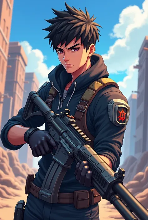 Young male character from a battle royale game with gun in hand. anime graphic