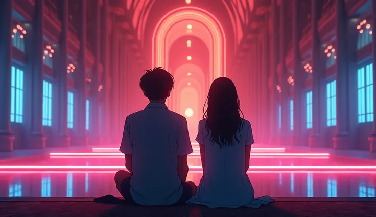  full back view lofi anime couples sit in neon lights with music over view palace