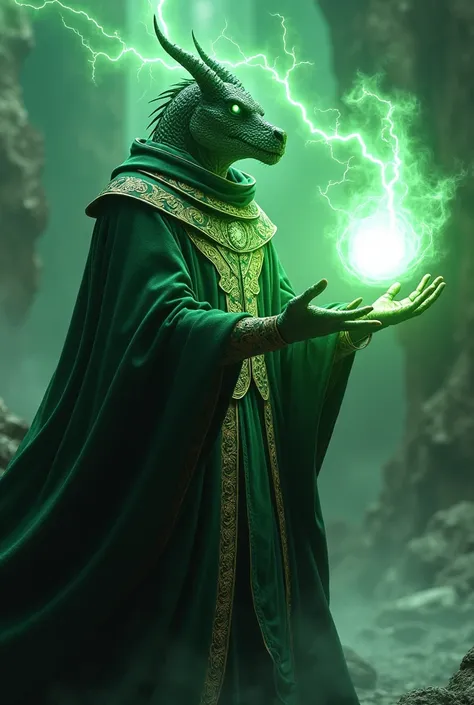 Emerald scaled dragonborn, wearing expensive black cloak embroidered with gold, holding ball of emerald colored magic, dragonborn, emerald colored lightning, 7 feet tall