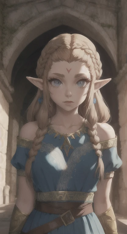 Ancient Hylian, princess Zelda, looking at viewer, POV, ancient princess dress, long messy hair, ancient Hyrule, medieval castle, 