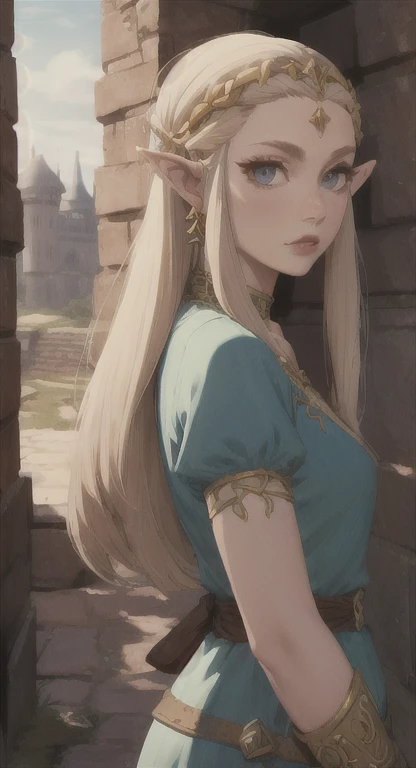 Ancient Hylian, princess Zelda, looking at viewer, POV, ancient princess dress, long messy hair, ancient Hyrule, medieval castle, 