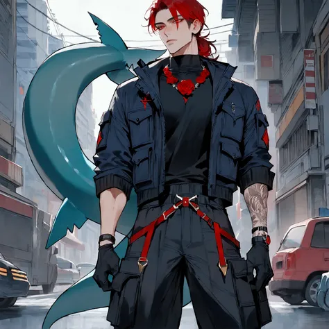 high detailed, Male, maroon long hair with a manbun, red eyes, tattoos of roses on the neck, shark fins on elbows, Shark tail. mock-neck black shirt, dark-blue parka, darkblue jacket, black baggy cargo pants. Handsome, masculine, Elbow shark fins. black ta...