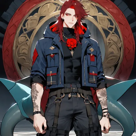 high detailed, Male, maroon long hair with a manbun, red eyes, tattoos of roses on the neck, shark fins on elbows, Shark tail. mock-neck black shirt, dark-blue parka, darkblue jacket, black baggy cargo pants. Handsome, masculine, Elbow shark fins. black ta...