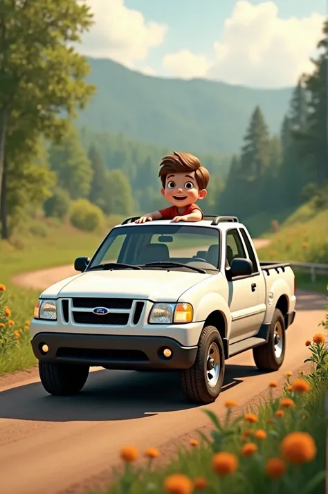 A white 2001 Ford Explorer Sport Trac pickup truck with a road background and an avatar of a boy sitting on the hood