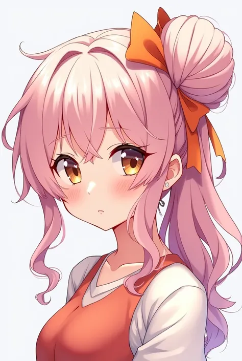 Anime girl with pale pink hair pulled into a single large messy bun near the back of her head that is tied with an orange ribbon. She has long wavy side bangs that part from the middle and reach down past her shoulders.