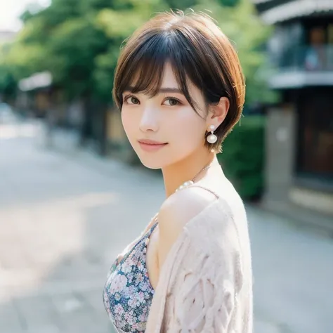 short hair, Wear a light cardigan over a floral dress, Pearl Earrings, Relaxed pose, Looking into the distance, Smooth Skin, Lush urban outdoors, Sunlight coming in from the top right, Soft Shadows, Calm and relaxed atmosphere, Shallow depth of field with ...