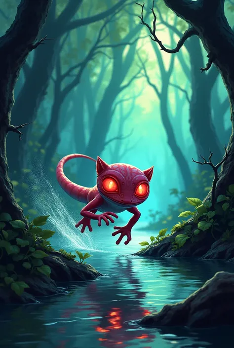  the gecko, with glowing red eyes, runs towards the swamp, with speed lines behind it. In comic style