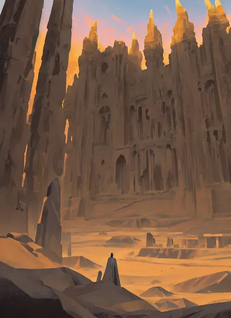 draw of a place, temple ruins, inspired in india, surounded by dunes in a desert at sunset, giant glowing crystals