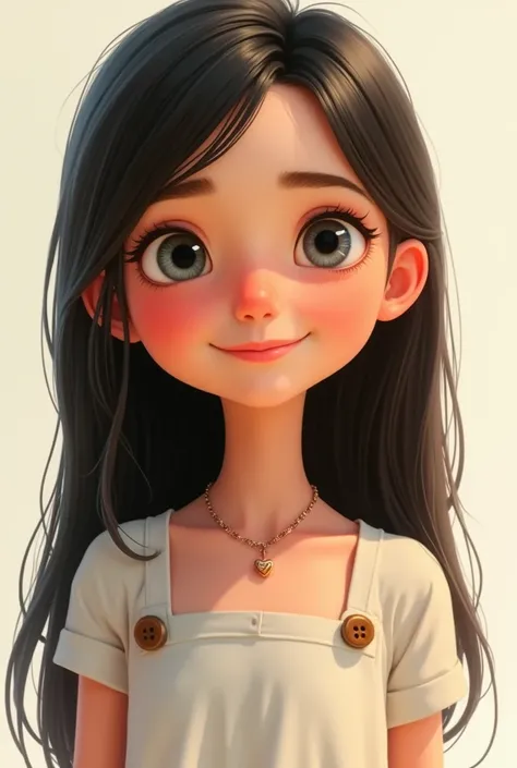 Pixar child, , dark blonde hair, below the shoulder, straight, ends turned out, light grayish blue eyes, white dress with brown buttons with smile on the face thin necklace with three hearts 