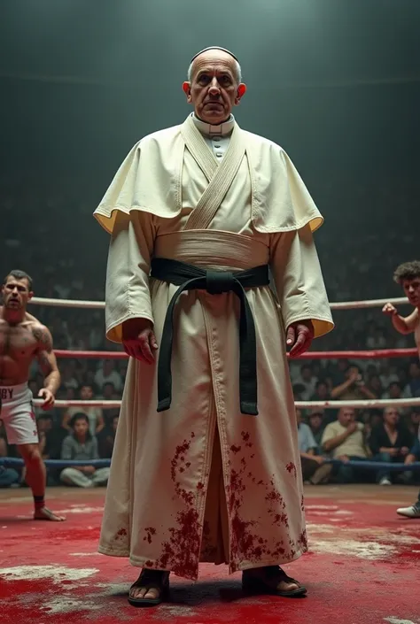 Pope Francis with a battle-torn judo uniform, Any guy who enters an octagon will be covered in blood on his face and body and bruises in the style of Rocky Balboa in the UFC.