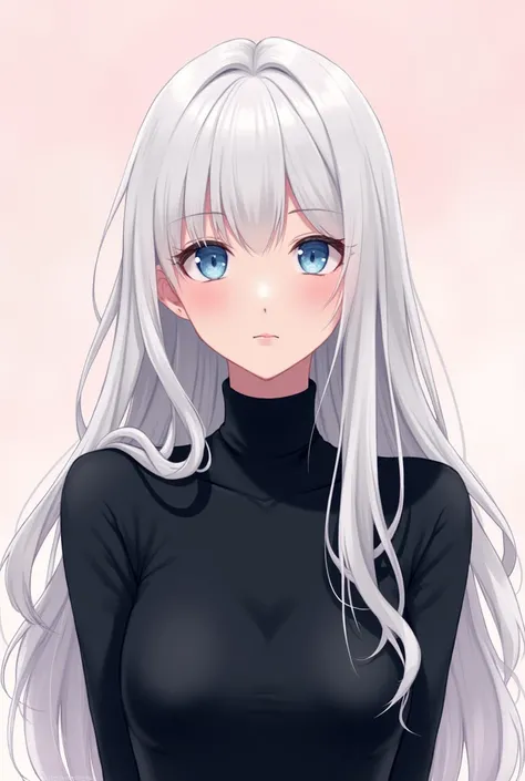 A woman with long, flowing white hair is wearing a black turtleneck sweater. She is looking at the viewer with a slight smile. The background is a light pink. She has bright blue eyes. The woman is drawn in a manga style.