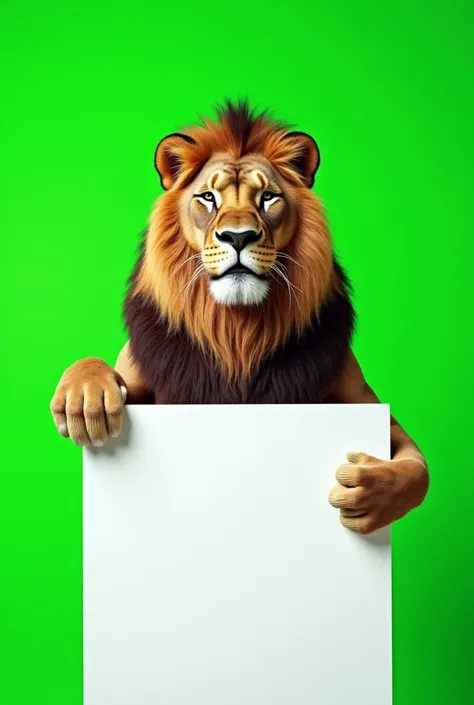 Create a picture of lion holding a board on green screen and board should be white
