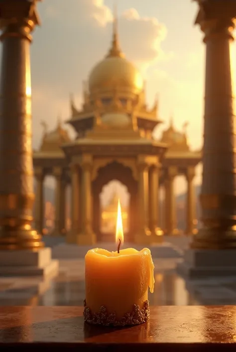 (photorealism:1.2), golden temple at background blur and at front their is candle lighting 