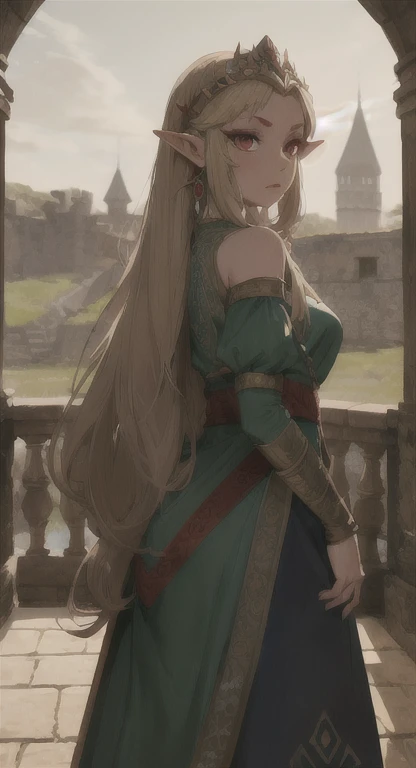 Ancient Hylian, princess Hylia, red eyes, looking at viewer, POV, ancient princess dress, long messy hair, ancient Hyrule, medieval castle, 