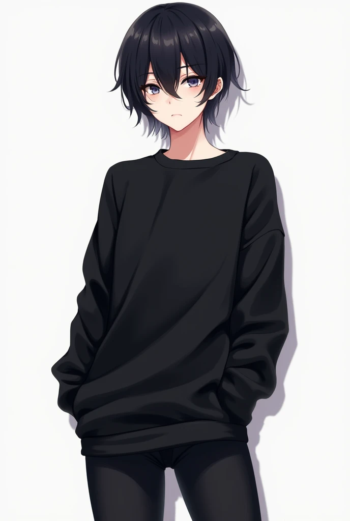 anime drawing male character femboy black sweatshirt black leggings short black hair bangs covering one eye Trans