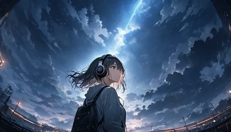 anime、((Amazingly absurd)),(masterpiece:1.2),超High resolution, Attention to detail, high quality, High resolution, 最high quality, 4K, 8k、Girl from behind、Look up at the sky、Singing with a microphone、Dark sky with thick clouds、after a heavy rain、Composition...