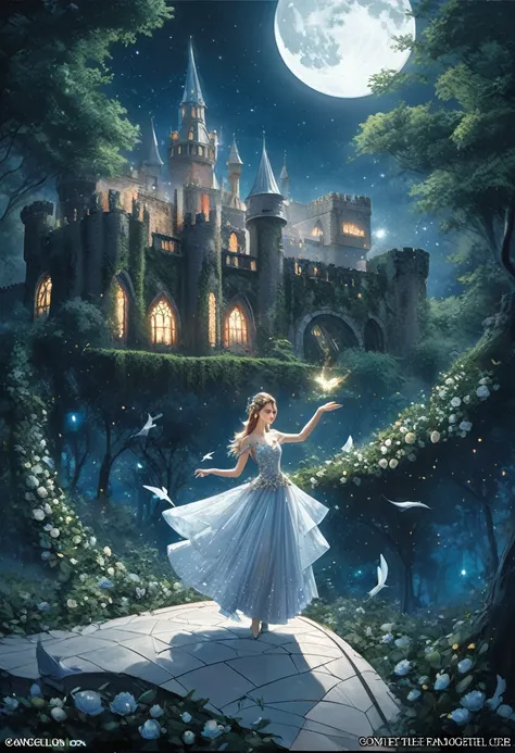 (masterpiece, Top quality, best quality, Official Art, beautiful and aesthetic:1.2), (1 Girl), Extremely detailed,(Fractal Art:1.3),rich and colorful,The most detailed - the ancient and mysterious castle stands on the cliff，Shrouded by the deep blue night ...