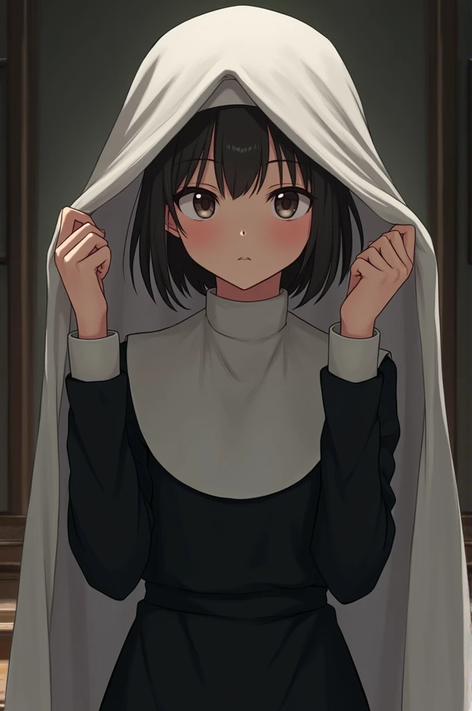 Young anime nun with short hair removing what covers her hair by lifting it up