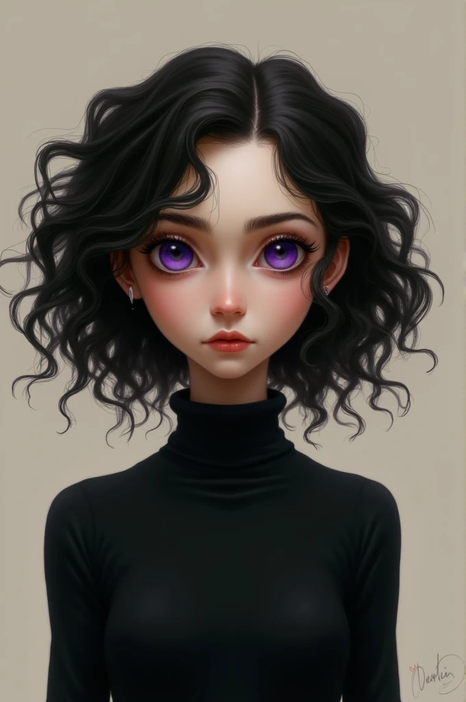 Create a realistic curly haired Coraline, purple button eyes, Diamond shaped face, small-nose, medium mouth, serious expression, with a black turtleneck and long sleeve blouse 