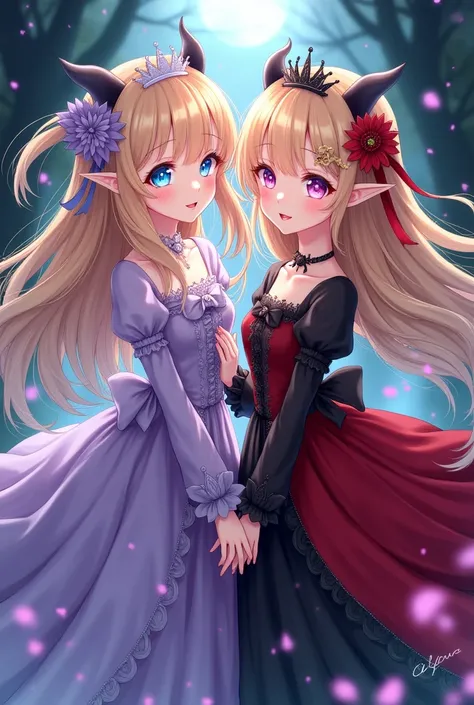 Two girls Long Hair, Smile, Blue eyes, Blonde Hair, Ribbon, Twintails,  Pointy Ears, Masterpiece, Large breasts, Purple Eyes, Makeup, Fangs, Happy, Crown, Jewelry, Demon Horns, Sparkle, Anime Style, skin any colors and dresses lavender scarlet red black da...